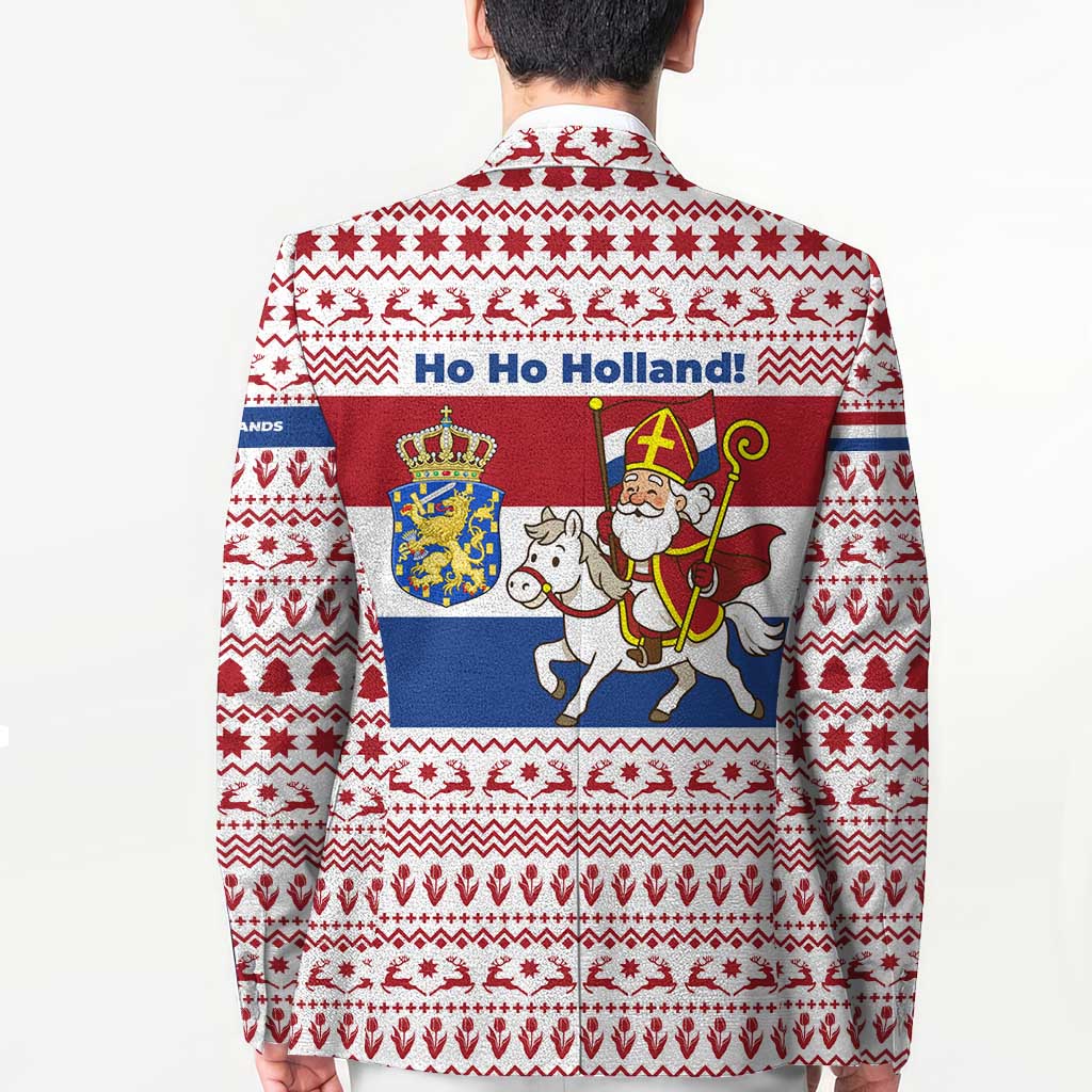 Netherlands Christmas Blazer with Sinterklaas Horse Dutch Flag and Festive Knit Pattern - Wonder Print Shop
