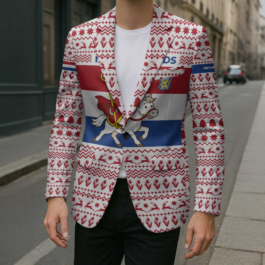 Netherlands Christmas Blazer with Sinterklaas Horse Dutch Flag and Festive Knit Pattern - Wonder Print Shop