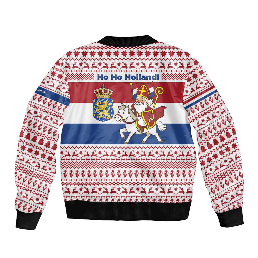 Netherlands Christmas Bomber Jacket with Sinterklaas Horse Dutch Flag and Festive Knit Pattern - Wonder Print Shop