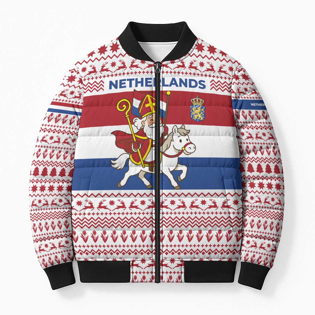 Netherlands Christmas Bomber Puffer Jacket with Sinterklaas Horse Dutch Flag and Festive Knit Pattern - Wonder Print Shop