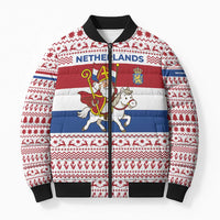 Netherlands Christmas Bomber Puffer Jacket with Sinterklaas Horse Dutch Flag and Festive Knit Pattern - Wonder Print Shop