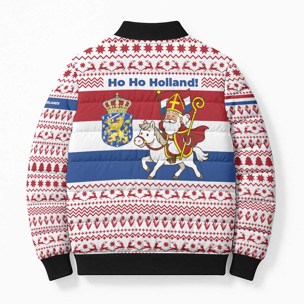 Netherlands Christmas Bomber Puffer Jacket with Sinterklaas Horse Dutch Flag and Festive Knit Pattern - Wonder Print Shop