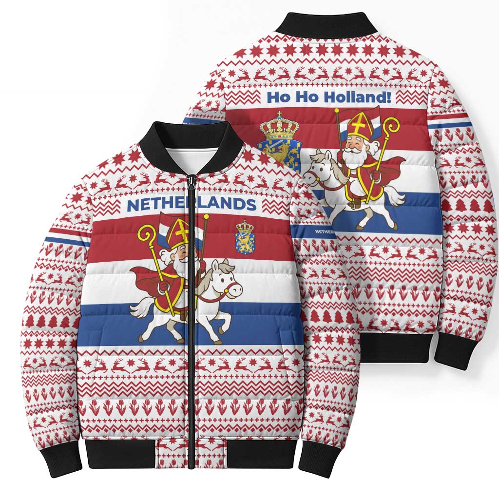 Netherlands Christmas Bomber Puffer Jacket with Sinterklaas Horse Dutch Flag and Festive Knit Pattern - Wonder Print Shop