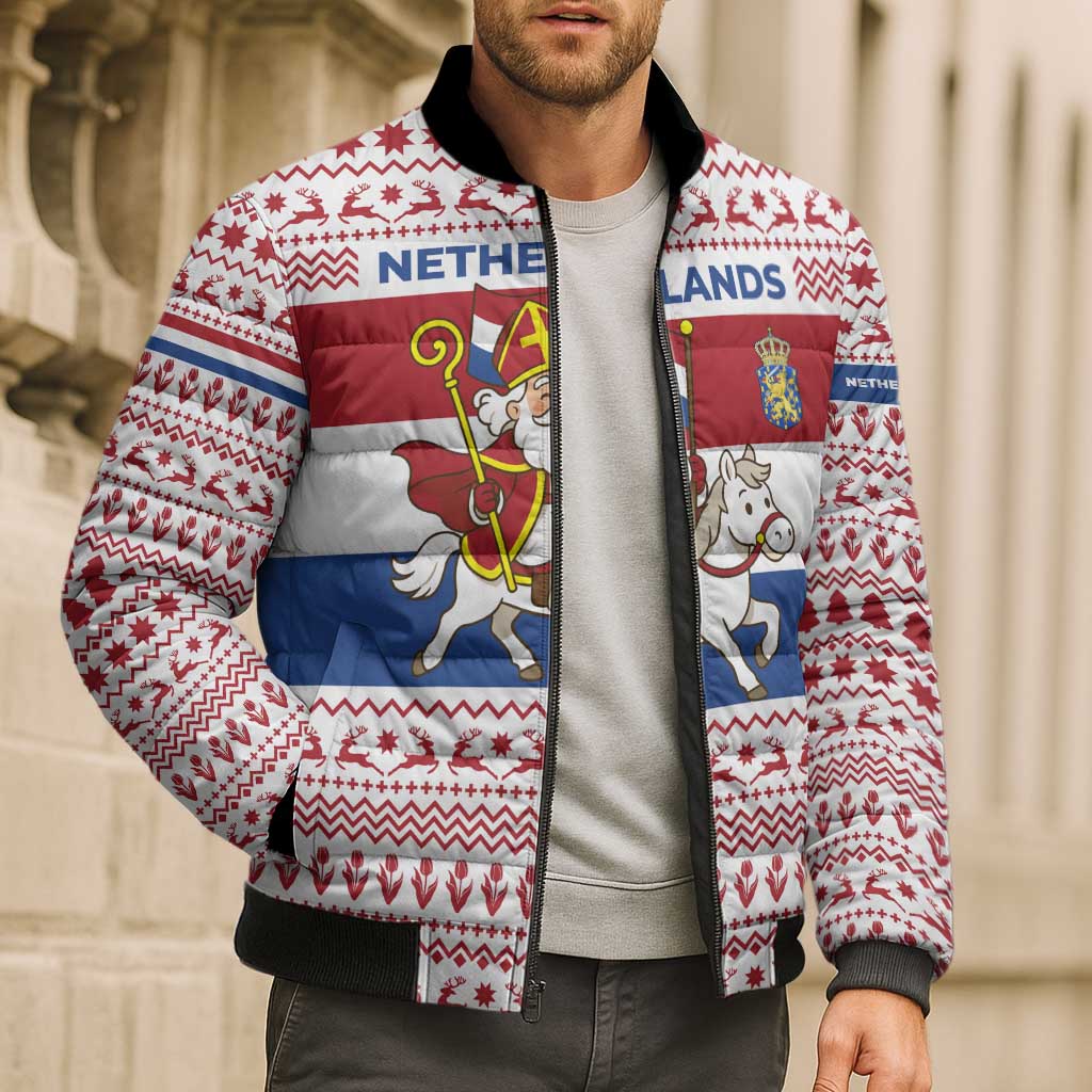 Netherlands Christmas Bomber Puffer Jacket with Sinterklaas Horse Dutch Flag and Festive Knit Pattern - Wonder Print Shop