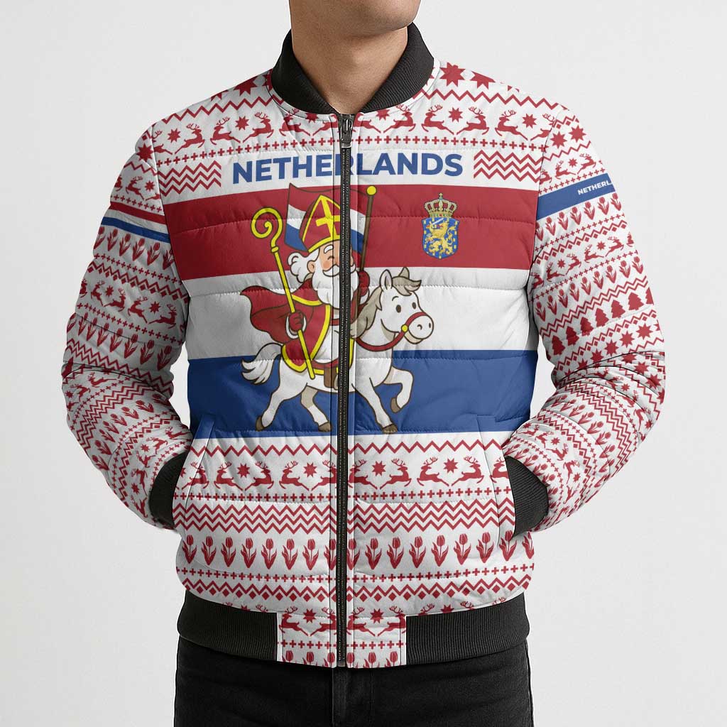Netherlands Christmas Bomber Puffer Jacket with Sinterklaas Horse Dutch Flag and Festive Knit Pattern - Wonder Print Shop