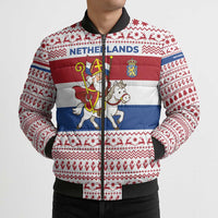 Netherlands Christmas Bomber Puffer Jacket with Sinterklaas Horse Dutch Flag and Festive Knit Pattern - Wonder Print Shop