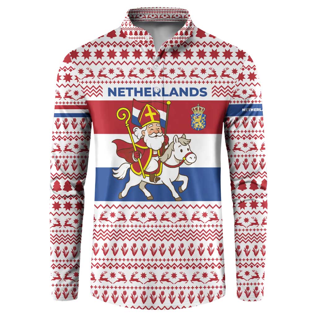 Netherlands Christmas Button Sweatshirt with Sinterklaas Horse Dutch Flag and Festive Knit Pattern - Wonder Print Shop