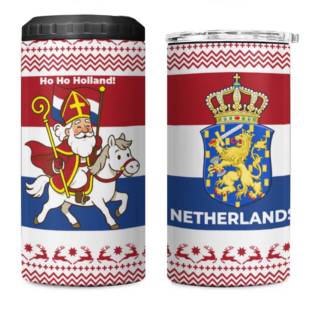 Netherlands Christmas 4 in 1 Can Cooler Tumbler with Sinterklaas Horse Dutch Flag and Festive Knit Pattern - Wonder Print Shop
