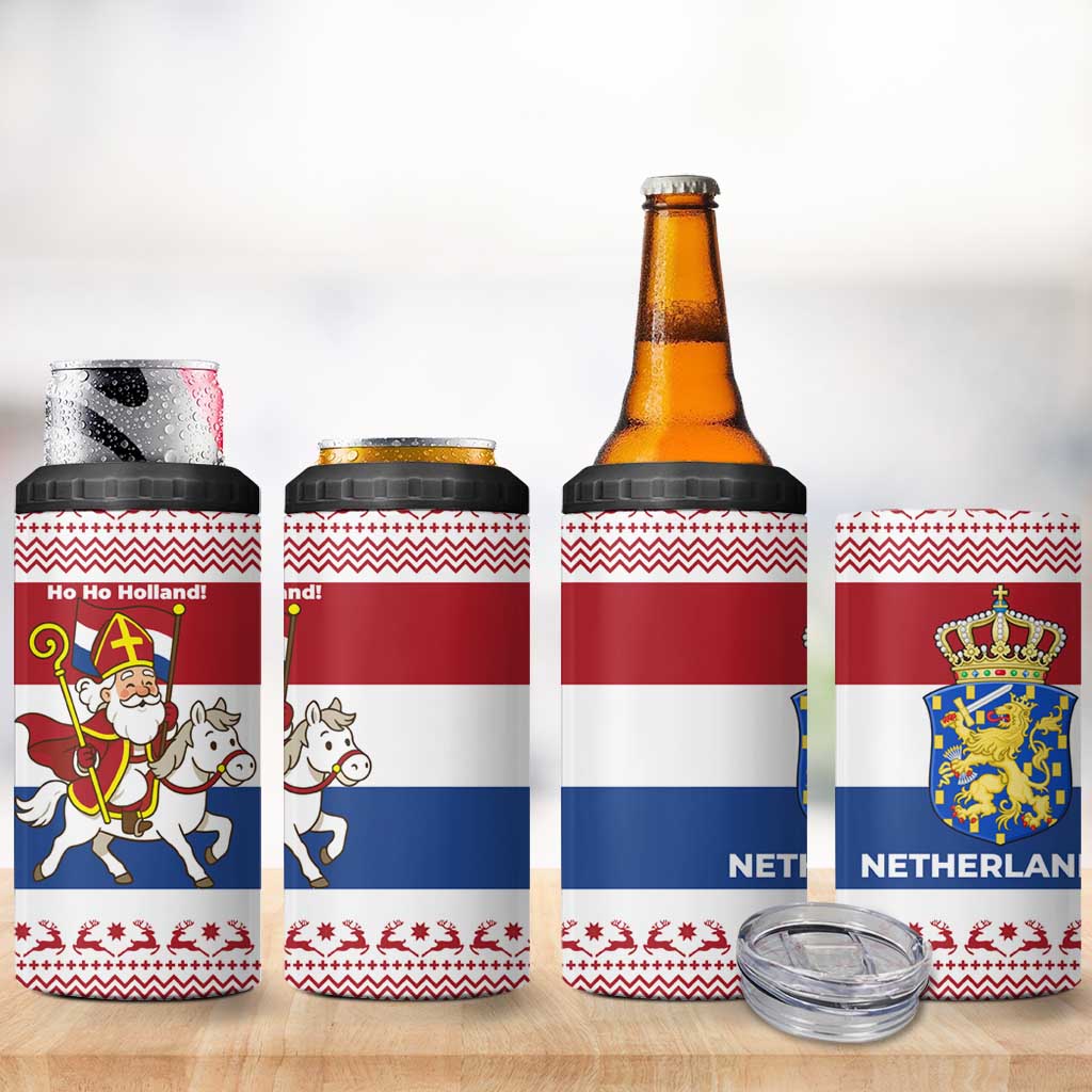 Netherlands Christmas 4 in 1 Can Cooler Tumbler with Sinterklaas Horse Dutch Flag and Festive Knit Pattern - Wonder Print Shop