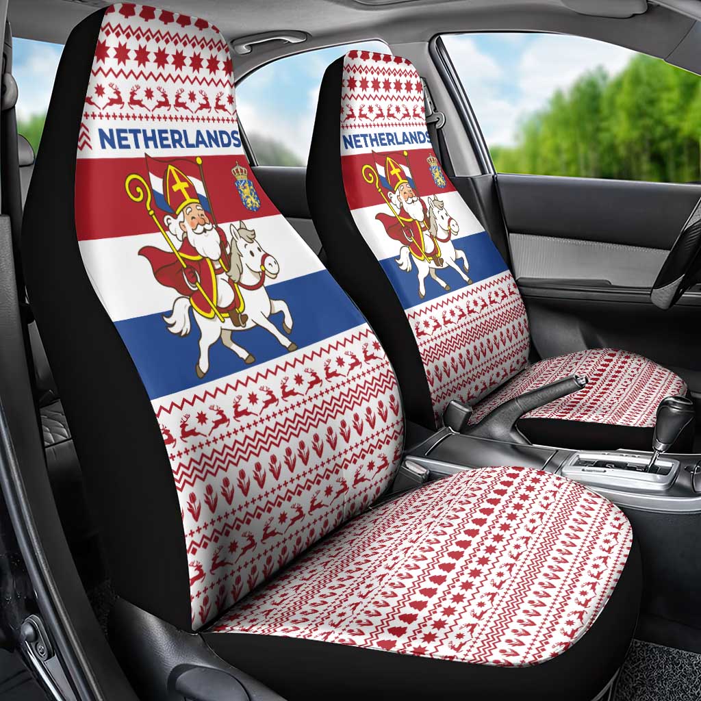 Netherlands Christmas Car Seat Cover with Sinterklaas Horse Dutch Flag and Festive Knit Pattern - Wonder Print Shop