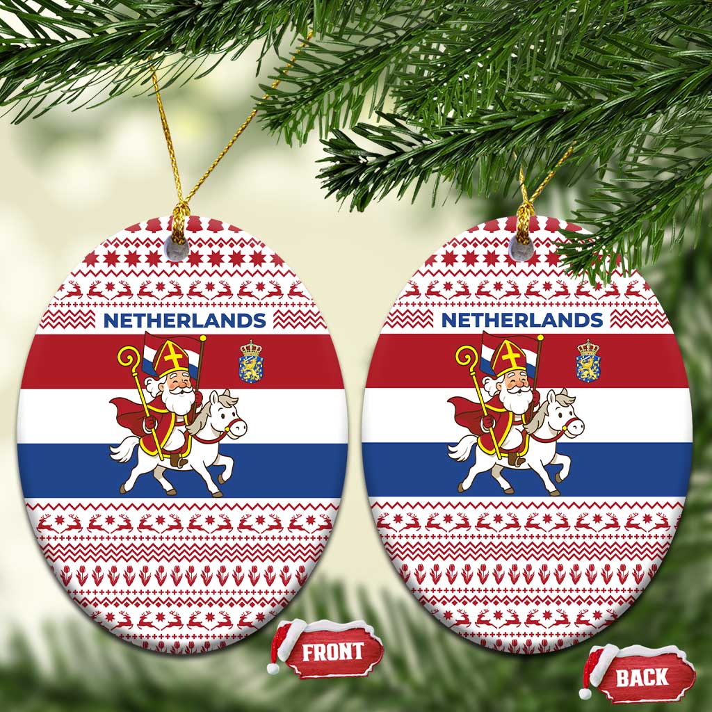 Netherlands Christmas Ceramic Ornament with Sinterklaas Horse Dutch Flag and Festive Knit Pattern - Wonder Print Shop