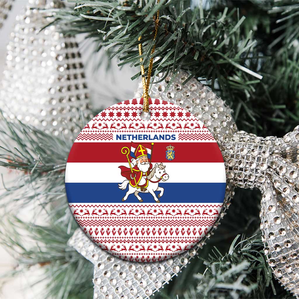 Netherlands Christmas Ceramic Ornament with Sinterklaas Horse Dutch Flag and Festive Knit Pattern - Wonder Print Shop
