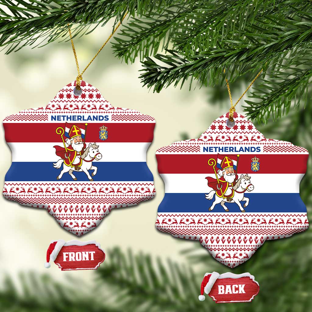 Netherlands Christmas Ceramic Ornament with Sinterklaas Horse Dutch Flag and Festive Knit Pattern - Wonder Print Shop