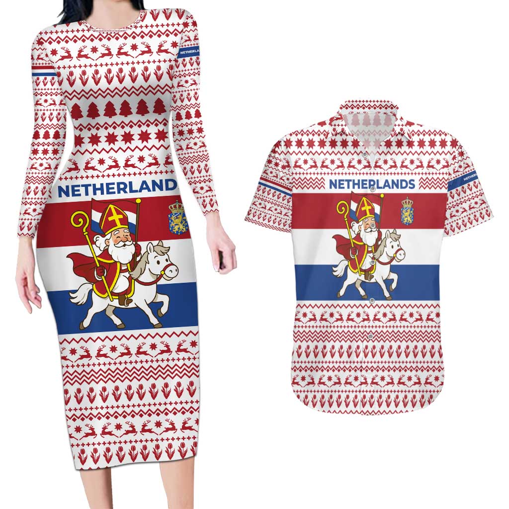 Netherlands Christmas Couples Matching Long Sleeve Bodycon Dress and Hawaiian Shirt with Sinterklaas Horse Dutch Flag and Festive Knit Pattern - Wonder Print Shop