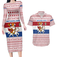 Netherlands Christmas Couples Matching Long Sleeve Bodycon Dress and Hawaiian Shirt with Sinterklaas Horse Dutch Flag and Festive Knit Pattern - Wonder Print Shop
