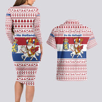 Netherlands Christmas Couples Matching Long Sleeve Bodycon Dress and Hawaiian Shirt with Sinterklaas Horse Dutch Flag and Festive Knit Pattern - Wonder Print Shop
