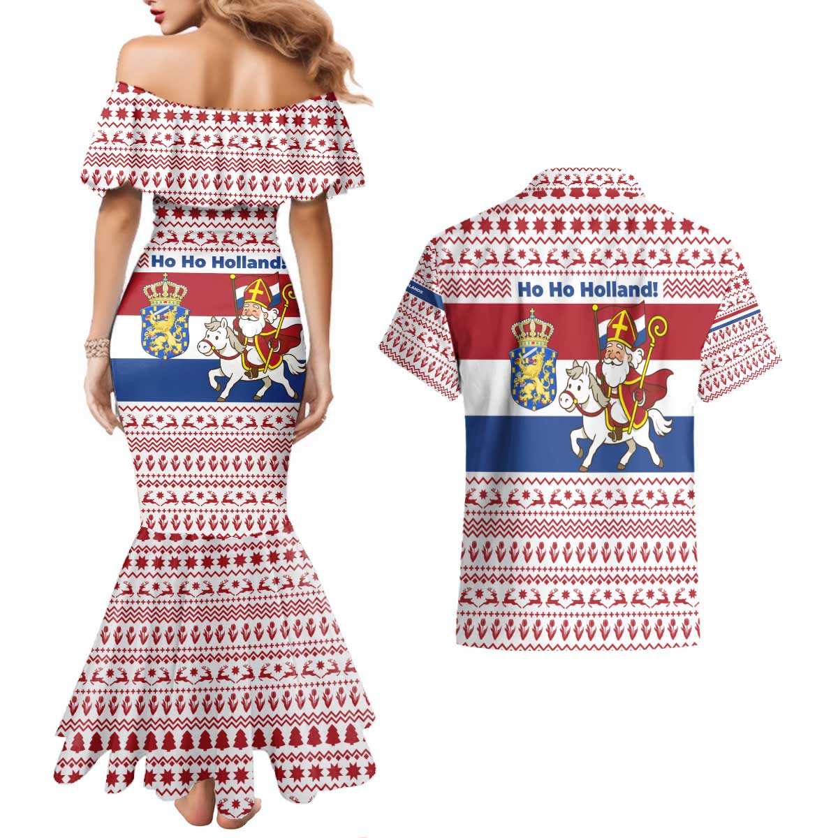 Netherlands Christmas Couples Matching Mermaid Dress and Hawaiian Shirt with Sinterklaas Horse Dutch Flag and Festive Knit Pattern - Wonder Print Shop