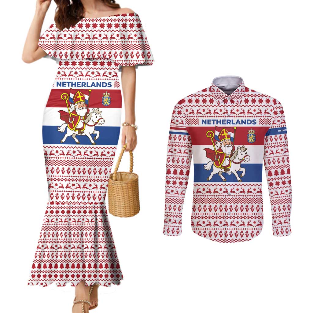 Netherlands Christmas Couples Matching Mermaid Dress and Long Sleeve Button Shirt with Sinterklaas Horse Dutch Flag and Festive Knit Pattern - Wonder Print Shop