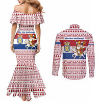 Netherlands Christmas Couples Matching Mermaid Dress and Long Sleeve Button Shirt with Sinterklaas Horse Dutch Flag and Festive Knit Pattern - Wonder Print Shop