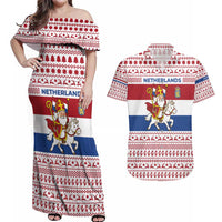 Netherlands Christmas Couples Matching Off Shoulder Maxi Dress and Hawaiian Shirt with Sinterklaas Horse Dutch Flag and Festive Knit Pattern - Wonder Print Shop