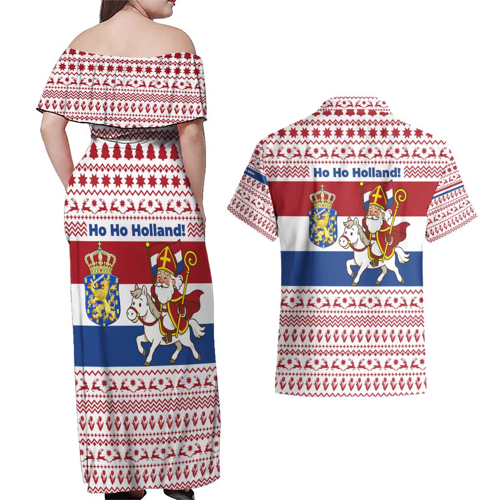 Netherlands Christmas Couples Matching Off Shoulder Maxi Dress and Hawaiian Shirt with Sinterklaas Horse Dutch Flag and Festive Knit Pattern - Wonder Print Shop