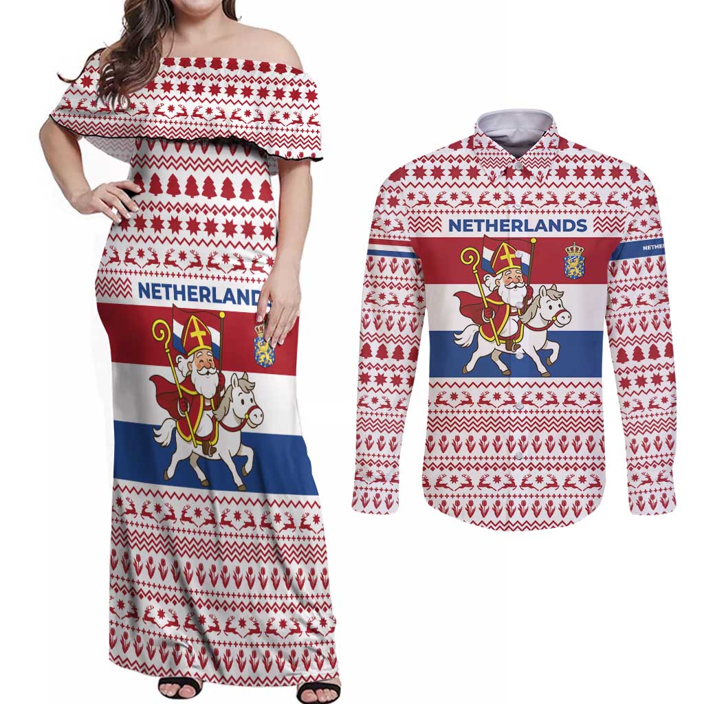 Netherlands Christmas Couples Matching Off Shoulder Maxi Dress and Long Sleeve Button Shirt with Sinterklaas Horse Dutch Flag and Festive Knit Pattern - Wonder Print Shop