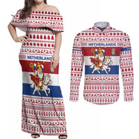 Netherlands Christmas Couples Matching Off Shoulder Maxi Dress and Long Sleeve Button Shirt with Sinterklaas Horse Dutch Flag and Festive Knit Pattern - Wonder Print Shop