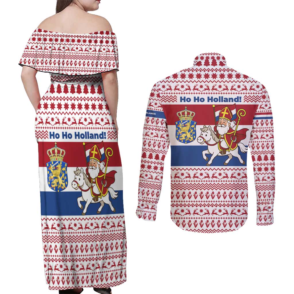 Netherlands Christmas Couples Matching Off Shoulder Maxi Dress and Long Sleeve Button Shirt with Sinterklaas Horse Dutch Flag and Festive Knit Pattern - Wonder Print Shop