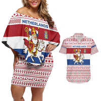 Netherlands Christmas Couples Matching Off Shoulder Short Dress and Hawaiian Shirt with Sinterklaas Horse Dutch Flag and Festive Knit Pattern - Wonder Print Shop