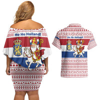 Netherlands Christmas Couples Matching Off Shoulder Short Dress and Hawaiian Shirt with Sinterklaas Horse Dutch Flag and Festive Knit Pattern - Wonder Print Shop