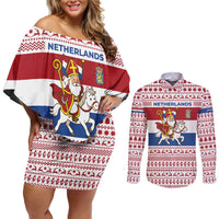 Netherlands Christmas Couples Matching Off Shoulder Short Dress and Long Sleeve Button Shirt with Sinterklaas Horse Dutch Flag and Festive Knit Pattern - Wonder Print Shop