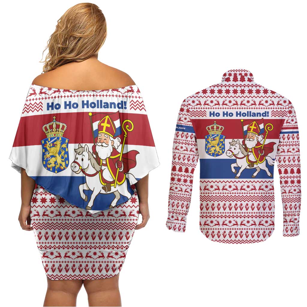 Netherlands Christmas Couples Matching Off Shoulder Short Dress and Long Sleeve Button Shirt with Sinterklaas Horse Dutch Flag and Festive Knit Pattern - Wonder Print Shop