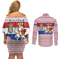 Netherlands Christmas Couples Matching Off Shoulder Short Dress and Long Sleeve Button Shirt with Sinterklaas Horse Dutch Flag and Festive Knit Pattern - Wonder Print Shop