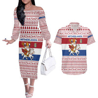 Netherlands Christmas Couples Matching Off The Shoulder Long Sleeve Dress and Hawaiian Shirt with Sinterklaas Horse Dutch Flag and Festive Knit Pattern - Wonder Print Shop