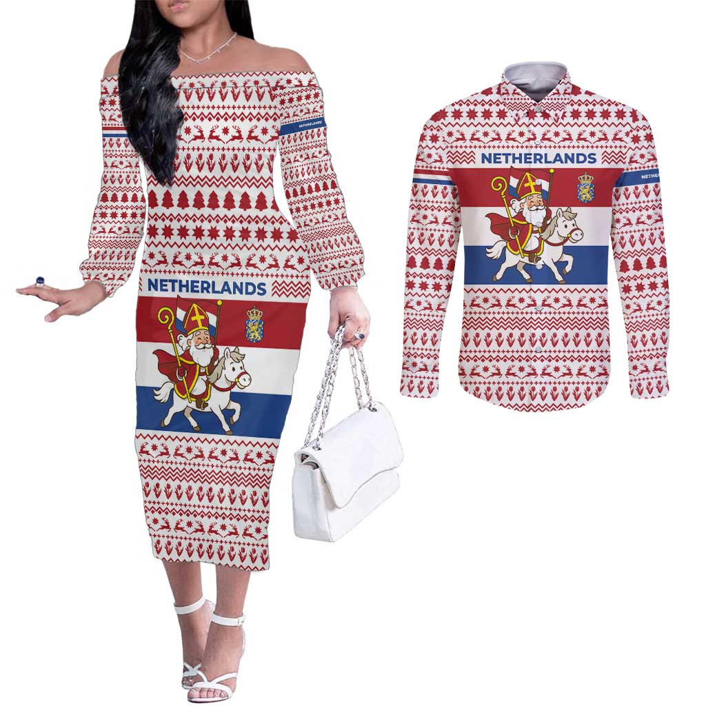 Netherlands Christmas Couples Matching Off The Shoulder Long Sleeve Dress and Long Sleeve Button Shirt with Sinterklaas Horse Dutch Flag and Festive Knit Pattern - Wonder Print Shop