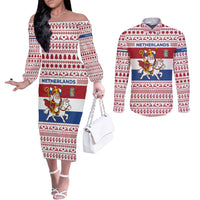 Netherlands Christmas Couples Matching Off The Shoulder Long Sleeve Dress and Long Sleeve Button Shirt with Sinterklaas Horse Dutch Flag and Festive Knit Pattern - Wonder Print Shop