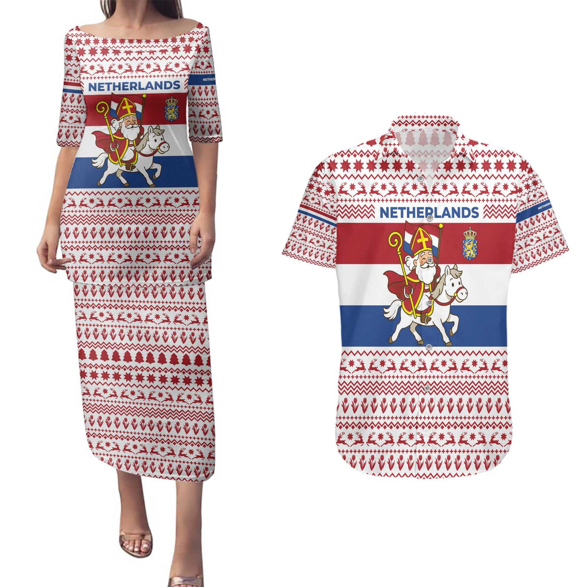 Netherlands Christmas Couples Matching Puletasi and Hawaiian Shirt with Sinterklaas Horse Dutch Flag and Festive Knit Pattern - Wonder Print Shop