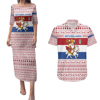 Netherlands Christmas Couples Matching Puletasi and Hawaiian Shirt with Sinterklaas Horse Dutch Flag and Festive Knit Pattern - Wonder Print Shop