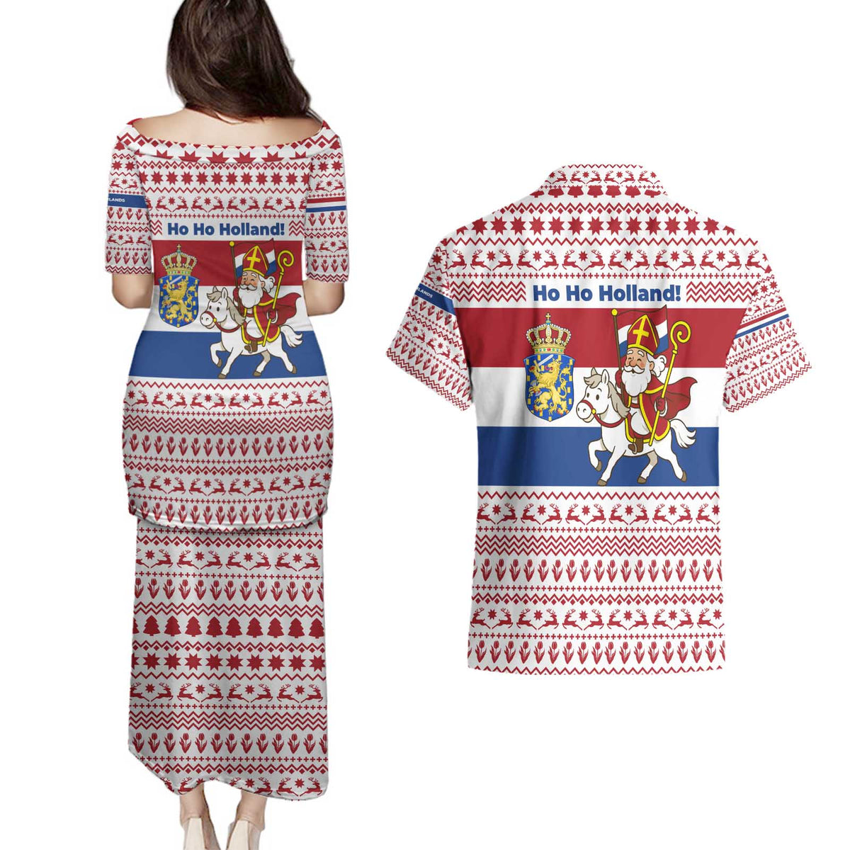 Netherlands Christmas Couples Matching Puletasi and Hawaiian Shirt with Sinterklaas Horse Dutch Flag and Festive Knit Pattern - Wonder Print Shop