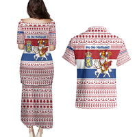 Netherlands Christmas Couples Matching Puletasi and Hawaiian Shirt with Sinterklaas Horse Dutch Flag and Festive Knit Pattern - Wonder Print Shop