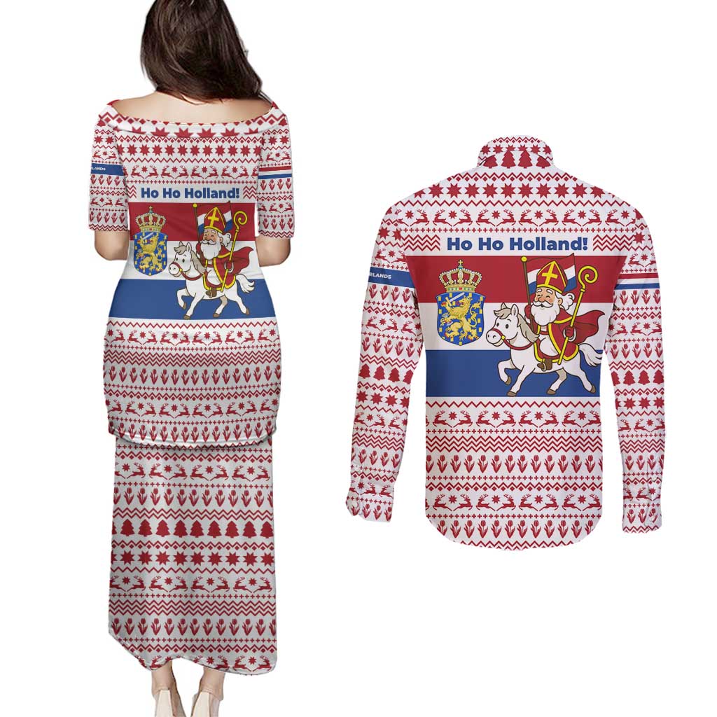 Netherlands Christmas Couples Matching Puletasi and Long Sleeve Button Shirt with Sinterklaas Horse Dutch Flag and Festive Knit Pattern - Wonder Print Shop