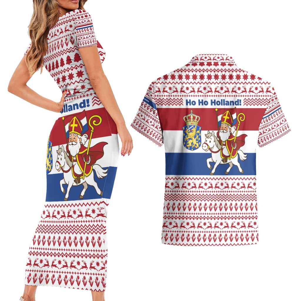 Netherlands Christmas Couples Matching Short Sleeve Bodycon Dress and Hawaiian Shirt with Sinterklaas Horse Dutch Flag and Festive Knit Pattern - Wonder Print Shop