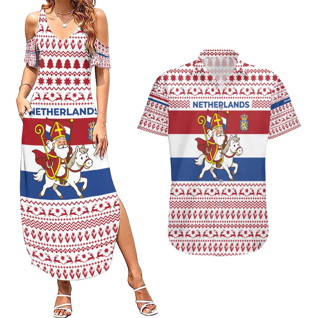 Netherlands Christmas Couples Matching Summer Maxi Dress and Hawaiian Shirt with Sinterklaas Horse Dutch Flag and Festive Knit Pattern - Wonder Print Shop
