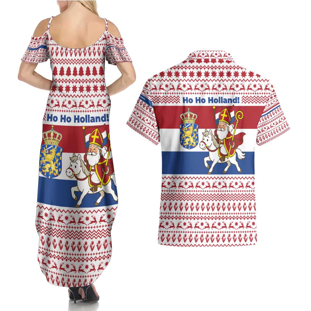 Netherlands Christmas Couples Matching Summer Maxi Dress and Hawaiian Shirt with Sinterklaas Horse Dutch Flag and Festive Knit Pattern - Wonder Print Shop