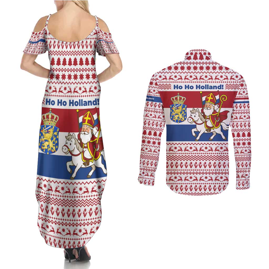 Netherlands Christmas Couples Matching Summer Maxi Dress and Long Sleeve Button Shirt with Sinterklaas Horse Dutch Flag and Festive Knit Pattern - Wonder Print Shop