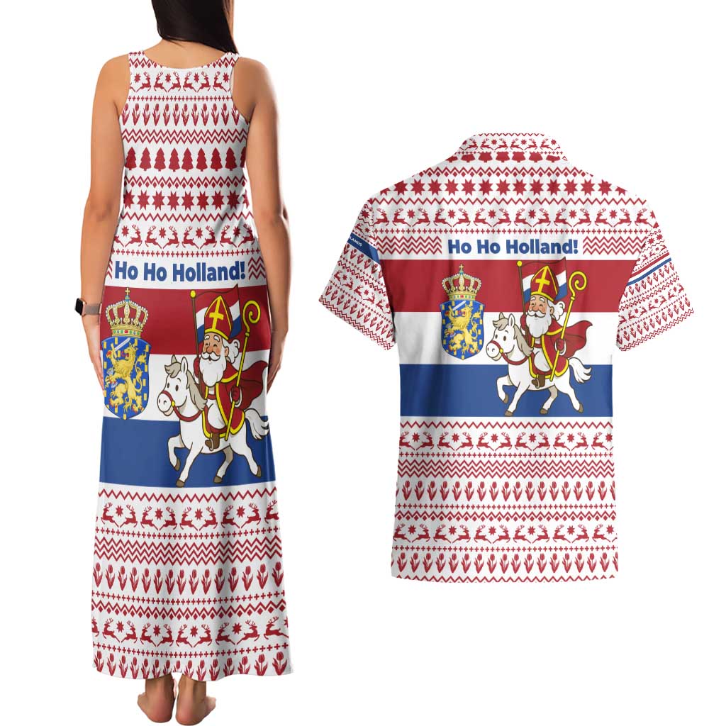 Netherlands Christmas Couples Matching Tank Maxi Dress and Hawaiian Shirt with Sinterklaas Horse Dutch Flag and Festive Knit Pattern - Wonder Print Shop