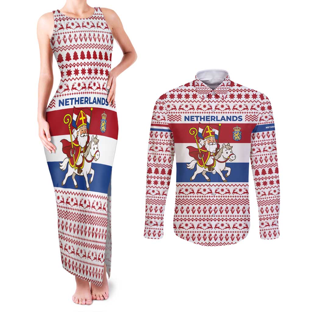 Netherlands Christmas Couples Matching Tank Maxi Dress and Long Sleeve Button Shirt with Sinterklaas Horse Dutch Flag and Festive Knit Pattern - Wonder Print Shop