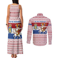 Netherlands Christmas Couples Matching Tank Maxi Dress and Long Sleeve Button Shirt with Sinterklaas Horse Dutch Flag and Festive Knit Pattern - Wonder Print Shop