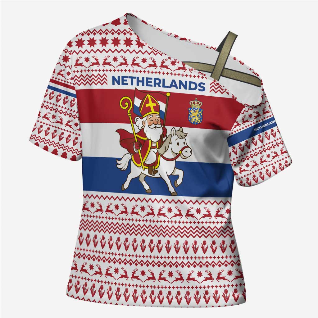 Netherlands Christmas Cross Shoulder Shirt with Sinterklaas Horse Dutch Flag and Festive Knit Pattern - Wonder Print Shop