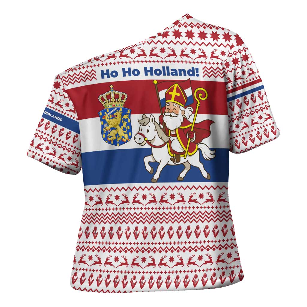 Netherlands Christmas Cross Shoulder Shirt with Sinterklaas Horse Dutch Flag and Festive Knit Pattern - Wonder Print Shop